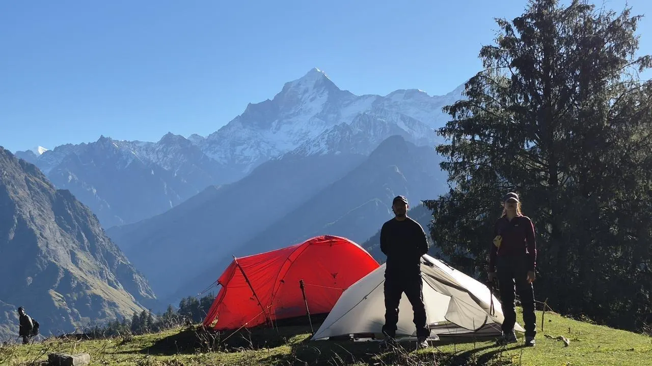 A meadow stream running towards a horizon of snow peaks — Ali Bedani Bugyal Trek